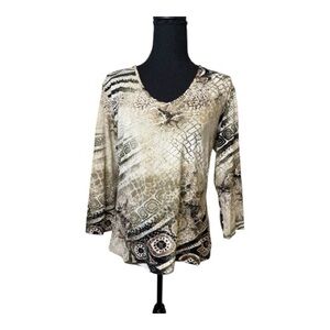 Chico's Neutral Patterned V-Neck Blouse 3/4 sleeve size 1